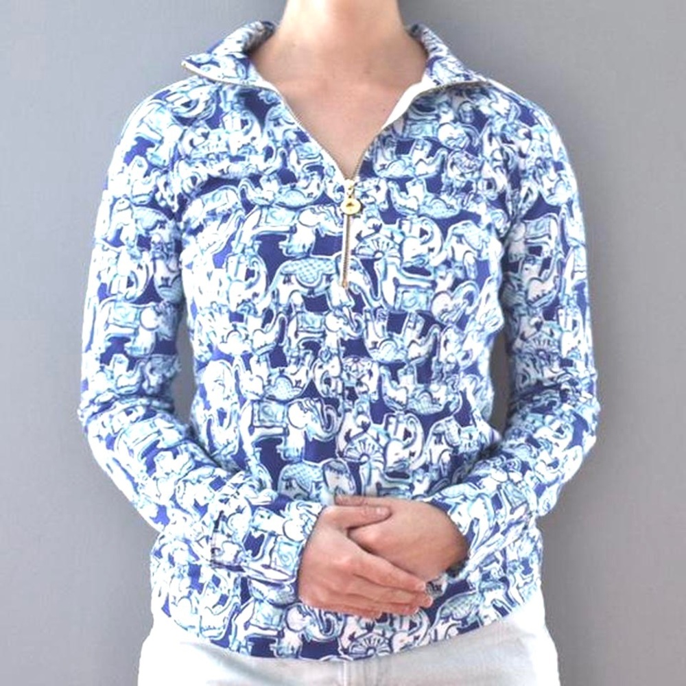 Lilly Pulitzer Get Trunky Blue Elephant Pullover Quarter Zip Cozy Sweater